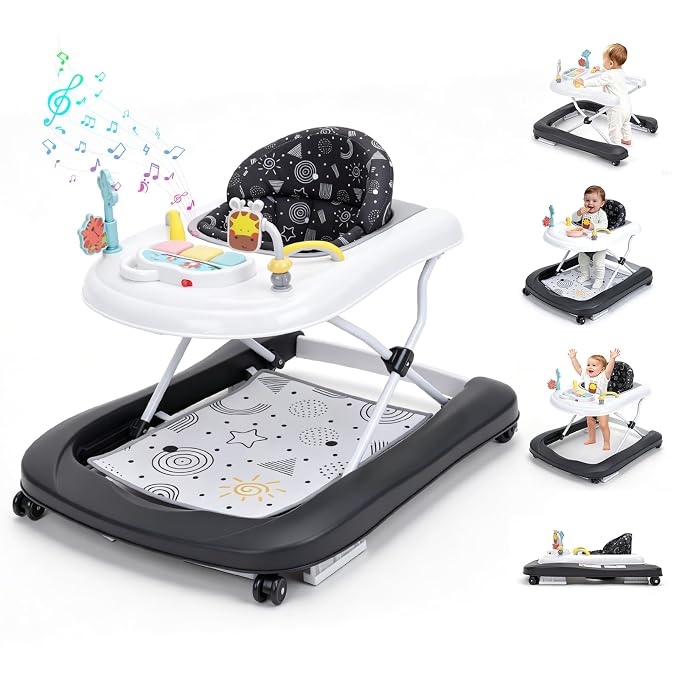 Baby Walker with Wheels, 5-in-1 Foldable Push Walker for Baby Boys 6-12 Months, Baby Walker & Bouncer Combo, Adjustable Height, Music Light Infant Activity Center Bouncer Walker(Black)