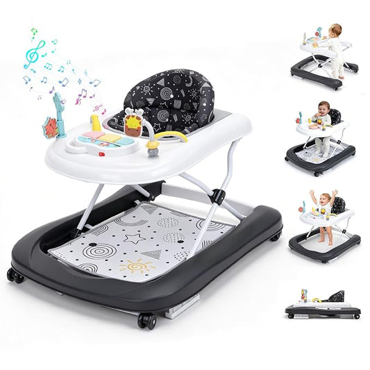 Baby Walker with Wheels, 5-in-1 Foldable Push Walker for Baby Boys 6-12 Months, Baby Walker & Bouncer Combo, Adjustable Height, Music Light Infant Activity Center Bouncer Walker(Black)