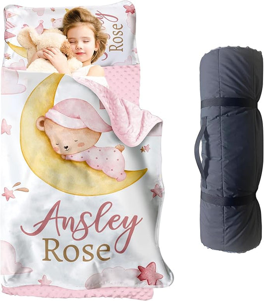 Personalized Toddler Nap Mat for Girls – Custom Name Kids Nap Mat – Daycare Sleeping Mats with Removable Pillow and Soft Minky Dot Blanket for Preschool, Travel, Kindergarten