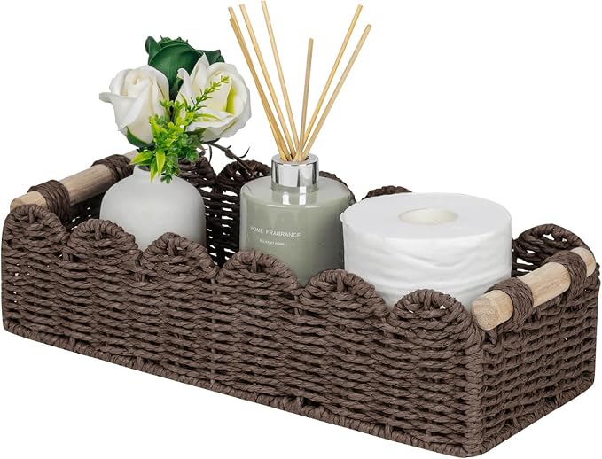CubesLand Scalloped Toilet Paper Storage Basket W/Handle for Home Decor | Paper Rope Toilet Organizer Basket for Countertop, Over Toilet Shelf, End Table, Living Room Cozy Decorative & More, Brown