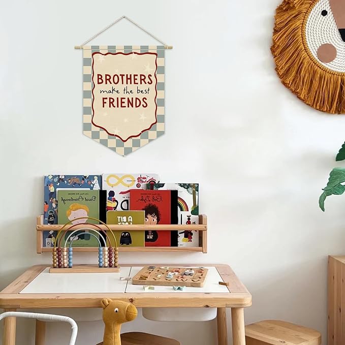 Boys Room Playroom Decor, Brothers Make the Best Friends Bedroom Wall Hanging Pennant Flag Banner, Blue Checkerboard Wall Decor for Nursery Toddler Baby Little Boys Bedroom 15x11 Inch