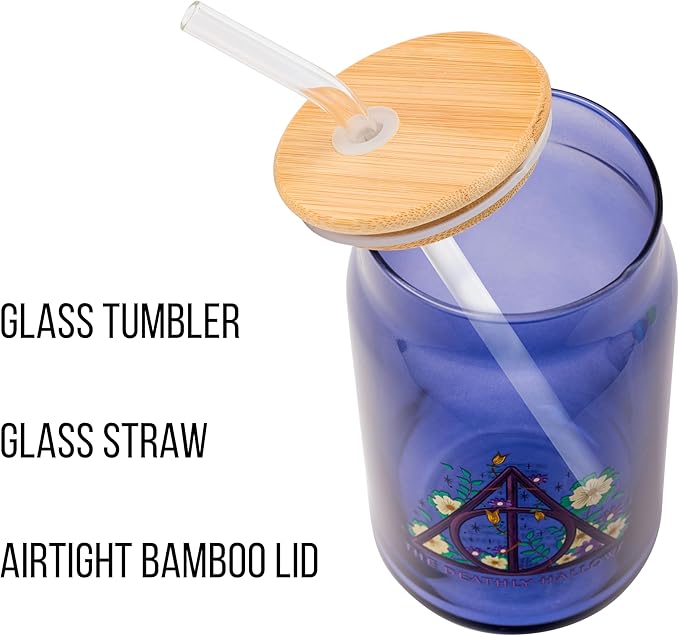Silver Buffalo Harry Potter The Deathly Hallows Glass Tumbler with Bamboo Lid and Glass Straw, 16 Ounces