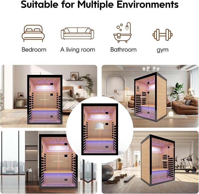 OUTEXER 2 Person Infrared Sauna Room Far Infrared Saunas Home Canadian Hemlock Indoor 2100W Low-EMF Dry Saunas with Oxygen Bar 7 Color Therapy 53.1 * 47.2 * 74.8inch