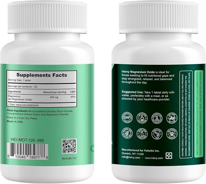 Heivy Magnesium Oxide 400mg, Magnesium Supplement for Muscle Recovery & Relaxation, Vegan, Made in USA, 240 Tablets