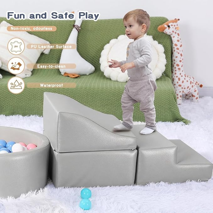 Hoohtoot Foam Climbing Blocks for Toddler: with 4-Piece PU Leather Climbing Toys and a Ball Pit - Foam Ball Pit for Toddlers - Climbing Toys Indoor for Kids Crawling