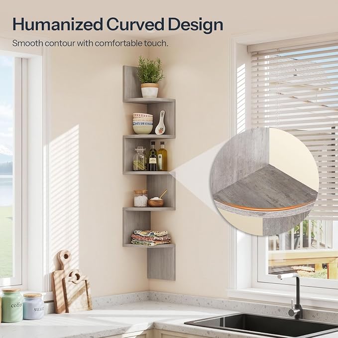 HOOBRO Corner Shelf Wall-Mounted, Set of 2 Floating Corner Shelves for Wall, 5-Tier Corner Bookshelves for Living Room, Bedroom, Bathroom, Home Office, Greige BG26BJP201