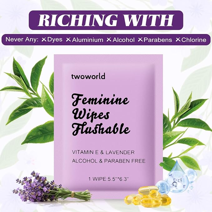 twoworld 200 Feminine Wipes Individually Wrapped,Flushable Wipes Travel | Feminine Care Vaginal Wipes for Adult,Women,Girl and Homeless(Lavender)
