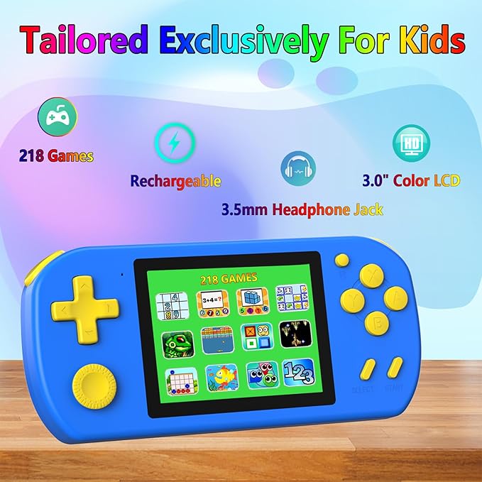 Handheld Games for Kids Built-in 218 Video Games, Portable Kids Travel Toys for Ages 4-13 with Rechargeable Battery 3.0" HD Screen, Mini Gaming Player Birthday Gifts for Boys Girls (Blue)