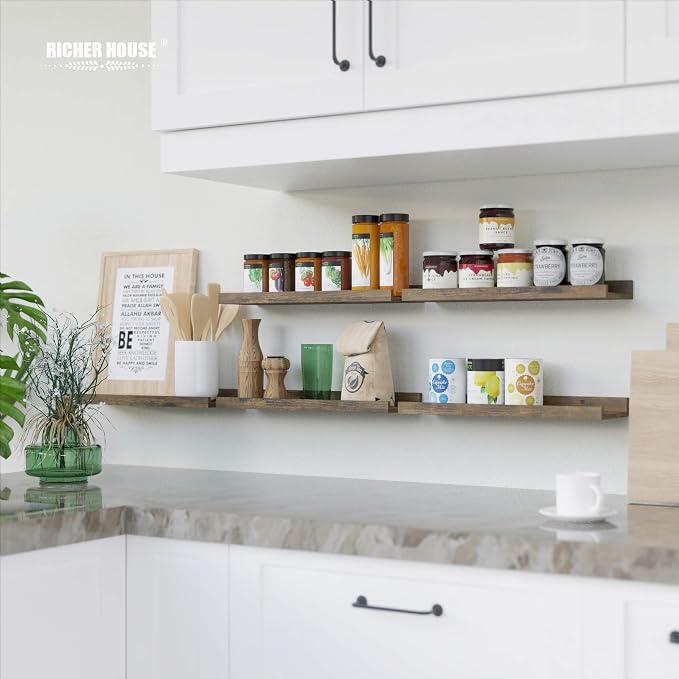 RICHER HOUSE 8 Set Floating Wall Mounted Shelves, Nursery Hanging Book Shelves with Lip for Storage, Display Picture Ledge Shelf for Bedroom Bathroom Kitchen Living Room Wall Decor, Rustic Brown | Display Picture Ledge Shelf, Anti-drop lip Shelf for Ro...