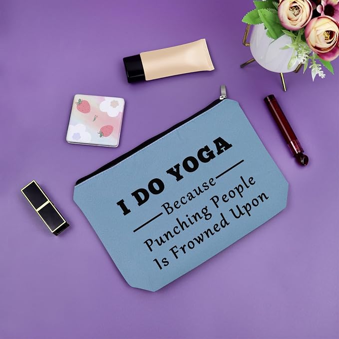 Sazuwu Yoga Gifts for Her - Blue Makeup Bag & Funny Cosmetic Bag for Yoga Lovers & Instructors