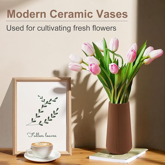 Caramel Ceramic Vase, GUKJOB Small Cute Flower Vase for Pampas Grass, Home, Living Room, Dining Table, Farmhouse, Office Decor, Bedroom, Table, and Kitchen Shelf (Caramel)