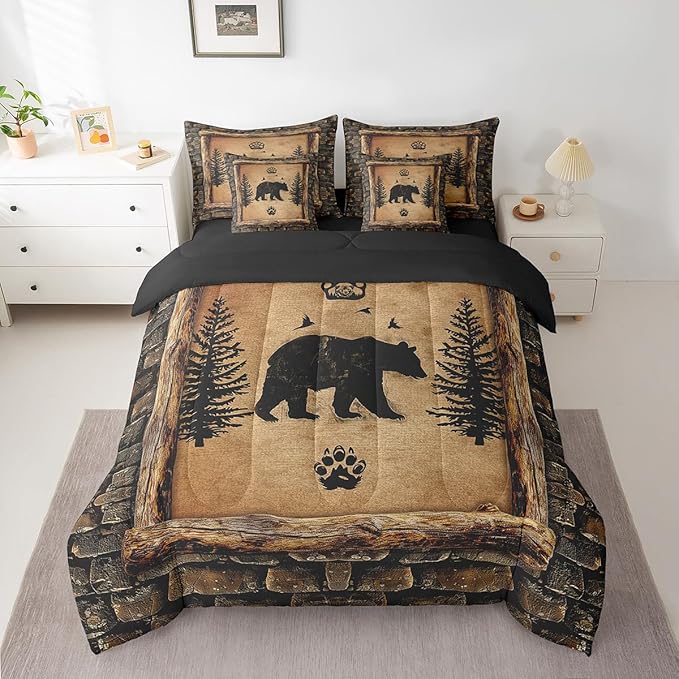 Feelyou Kids Rustic Bear 7 Piece Bedding Set Twin Size Farmhouse Forest Animal Black Bear Comforter Set with Sheets Boys Girls Hunting Country Brown Bed in a Bag