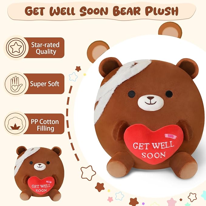 Get Well Soon Bear Plush, Cute Brown Bear Stuffed Animal, Soft Feel Better Gifts for Kids Women Men