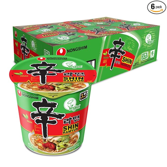 Nongshim Shin Ramyun Vegan Noodles Cup, Spicy Vegan Korean Instant Ramyun, Bold Veggie Flavored Broth, Microwaveable, Quick & Easy, Pantry Essential, 2.64 oz (Pack of 6)