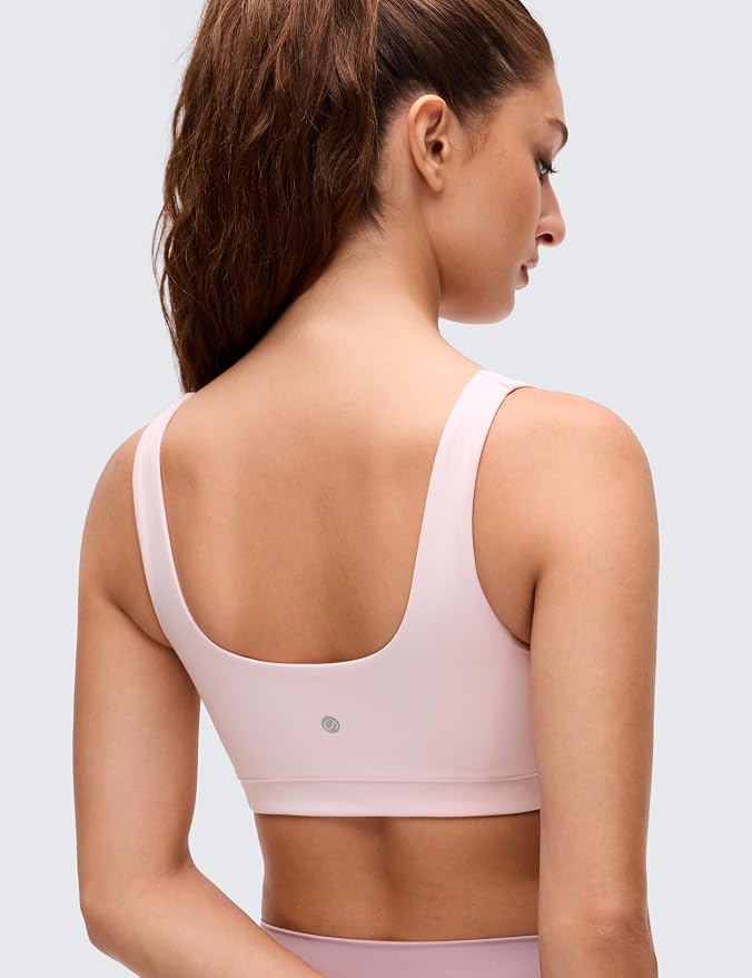 CRZ YOGA Butterluxe Scoop Neck Sports Bras for Women - U Back Padded Wide Strap Wireless Yoga Top