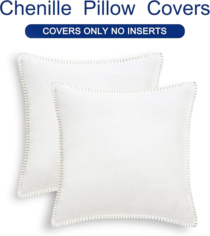 CaliTime Decorative Couch Throw Pillow Covers 18 X 18 Inches True White | Pack of 2, Cozy Chenille Cushion Cases, Cotton Thread Stitching Edges, for Sofa Bed Living Room Farmhouse