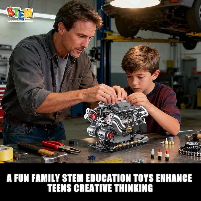 W16 Engine Building Blocks Set for Adults, STEM Mini 16-Cylinder Engine Model Kit that Runs, Compatible with Lego Car, DIY Physical Science Experiment Toy for Teens Boys 8-14+ (801 PCS)