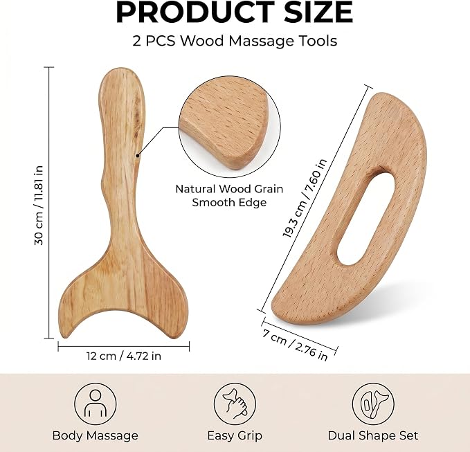 2 PCS Wood Therapy Massage Tools, Wooden Gua Sha Body Massage Tool with Y Shape and Moon Shape,Massage Scraper for Body Care and Relaxation