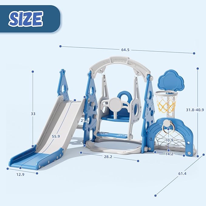 XJD 6-in-1 Toddler Slide and Swing Set, Kids Slide for Toddlers Age 1+, Toddler Outdoor Playset with Basketball Hoop, Football Frame, Swing, Christmas Birthday Gifts for Kids (Light Blue)