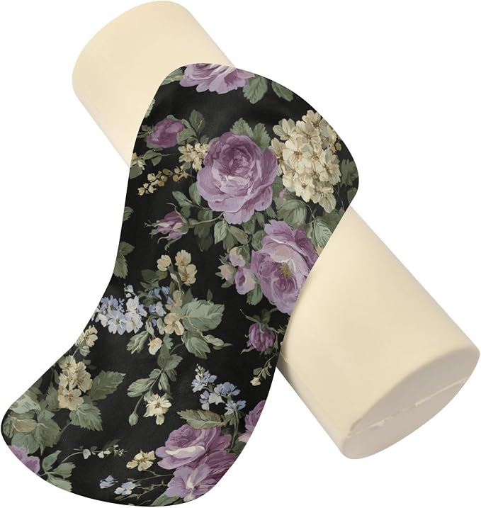 Vintage Purple Roses Neck Roll Pillow Bolster Round Health Memory Foam Long Cervical Cylinder Pillows with Removable Washable Cover for Body Bed Legs Back Yoga