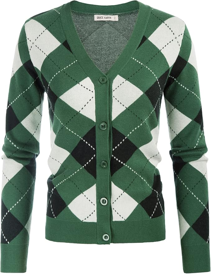 GRACE KARIN Womens Cardigan Sweater Fall Fashion Argyle Sweater Button Up Cardigan Teacher Outfits Preppy Clothes