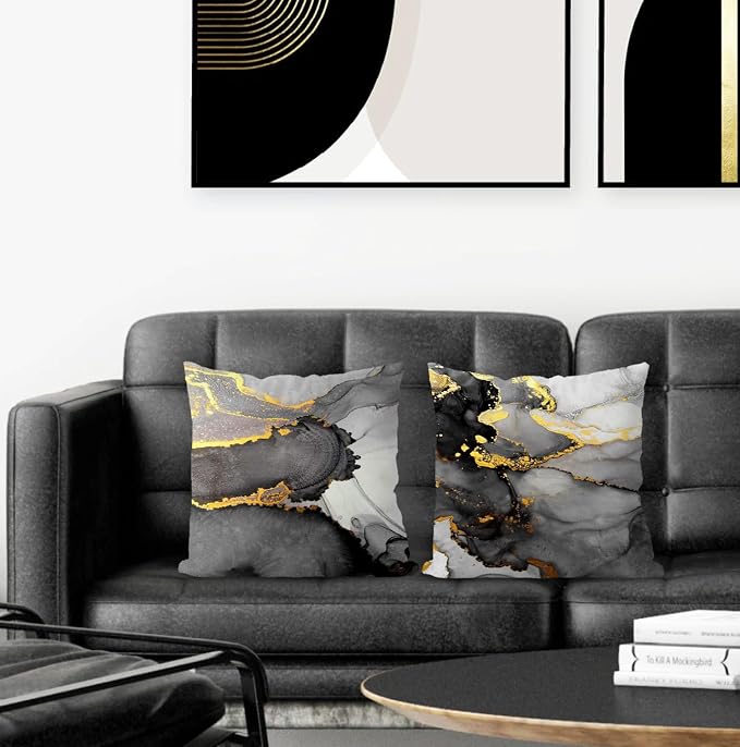 Black Grey and Gold Marble Pillow Covers 18x18 Double-Sided, Abstract Modern Decorative Throw Pillow Covers for Living Room Bedroom, Modern Home Decor, Black and Gold Decor, Set of 2