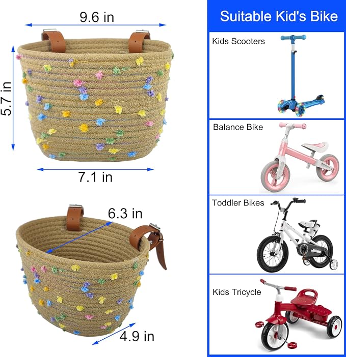 Kids Bike Basket for Boys and Girls, Children's Bicycle Basket Woven With Sisal Rope, Cute Decorative Accessories for Balance Bikes and Scooters