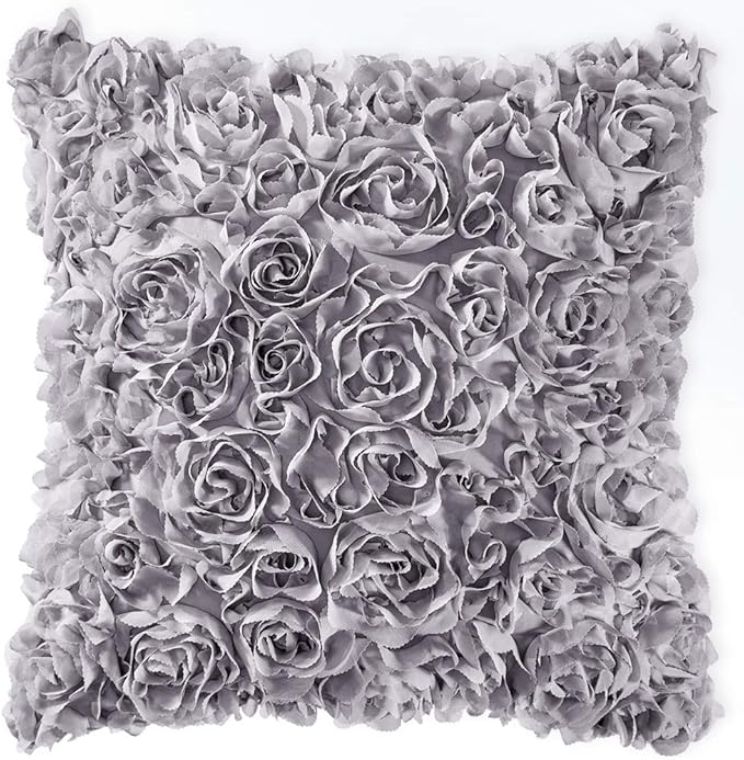 MIULEE Decorative Rose Flower Pillow Cover Pack of 1 Grey 16x16 Inch | Cute Romantic Stereo Chiffon Throw Pillow Cover Aesthetic Solid Pillowcase for Girl Coquette Room Decor Coach Bedroom
