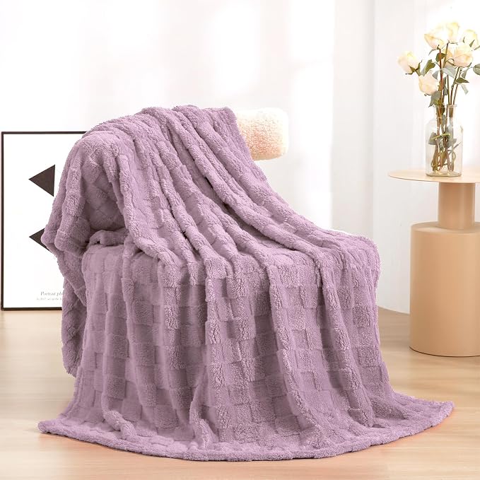 Light Purple Fleece Throw Blanket50”×60”Checkered Design for Couch | Super Soft Cozy Plush Microfiber 3D Square Pattern Flannel Blanket for Sofa Bed Lightweight for Adults,Women