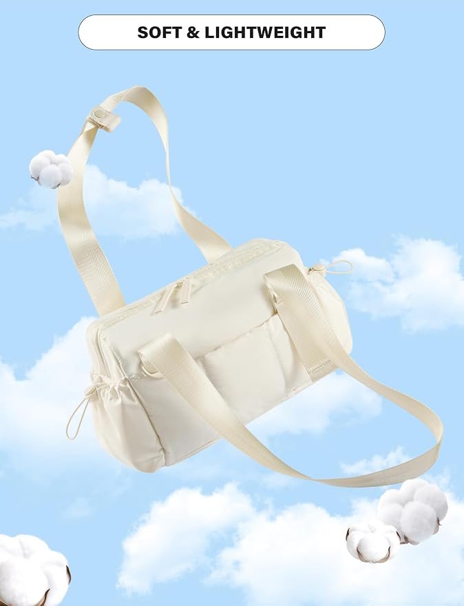 Uselike Small Gym Bag for Women, 7L Mini Duffle Bag for Travel, Lightweight Quilted Puffer Bag for Daily, Cute Shoulder Bag for Dance with Wet Pocket (Off White)