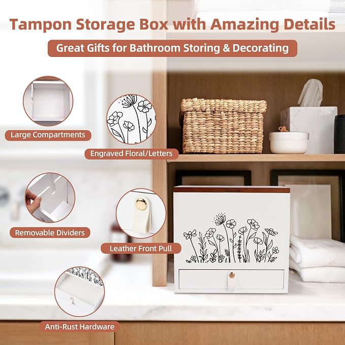 2-Layer Solid Wood Tampon Box Storage Organizer, 100% Wood Bathroom Feminine Accessories Holder with Drawer, Dual-Compartment Holder for Pads, Tampons, & Liners, Gold Floral, Gifts for Women