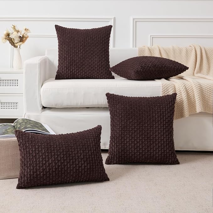 Kevin Textile Soft Corduroy 12"x20" Lumbar Pillow Cover 1 Pack, Coffee | Boho Stripe Plush Corduroy Decorative Oblong Cushion Cover Modern Farmhouse Home Decor for Sofa Couch Bed Chair