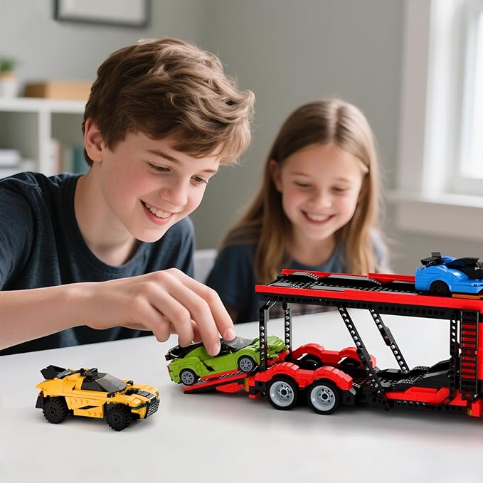 TG BLOCKS Micro Brick Car Transporter with 3 Sports Cars Building Set - Kids Truck Toy with Carrier & Trailer, Gift Idea for Teens 8+ Boys & Girls
