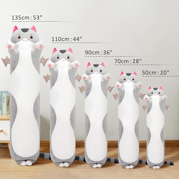 Long Cat Plush 5 Sizes, 120% Extra Filling Giant Plushness Kids Body Pillow, Kawaii Cute Grey Cat Stuffed Animals Plushies, Big Long Body Pillow Plush Gift for Girls 28”