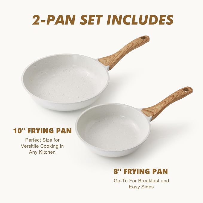 SENSARTE Ceramic Nonstick Frying Pan Skillets, White (8+10 Inch) | Healthy ceramic nontoxic coating, PTFE & PFAS free. Compatible with all stoves including induction cooktops. Easy to clean.