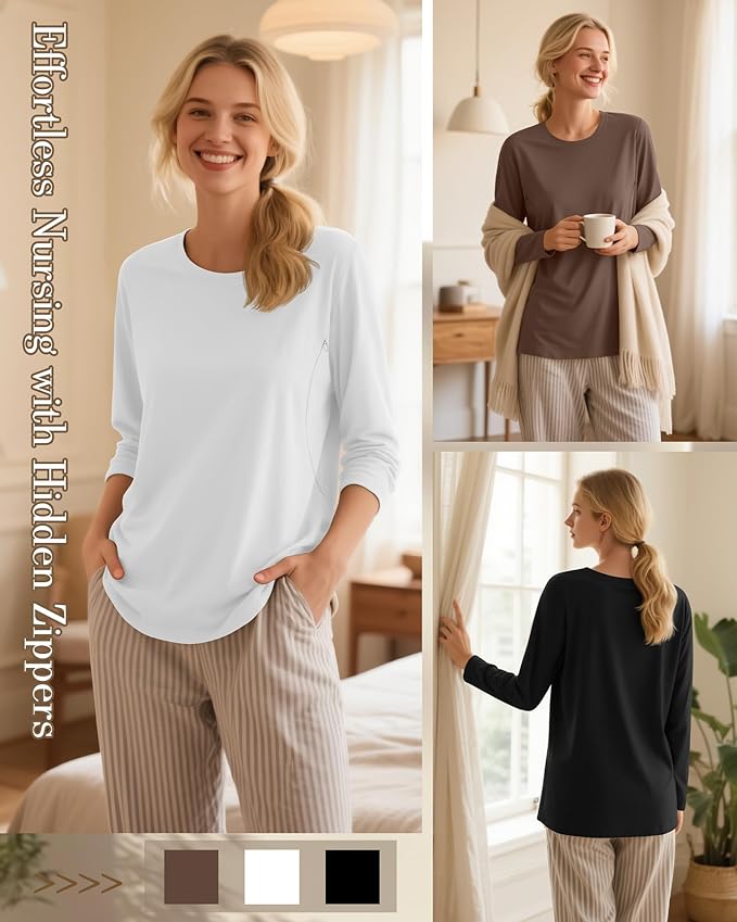 3 Pack Nursing Tops for Breastfeeding Maternity Shirts Zipper Long Sleeve Round Neck Knit Casual Nursing Clothes