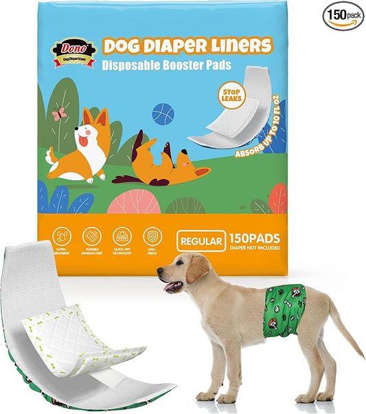Dono Dog Diaper Liners for Male and Female Dogs, Super Absorbent Dog Booster Pads, 150ct Disposable Doggie Diaper Inserts Fit Reusable Male Belly Bands, Wraps, Washable Period Panties, Regular