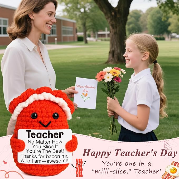 Mini Teacher Gifts Handmade Crochet Bacon for Women Teacher Appreciation Gifts Best Even Teachers for Birthday Back to School from Student End of Year Thank You Gift for Teachers Thankving Chrsitmas