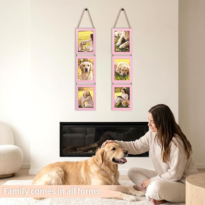 QUTREY 5x7 Picture Frames Collage Pink, 6 Openings Hanging Photo Frame Set Display Vertical 5 by 7 inch Pictures for Wall Decor, 2 Pack