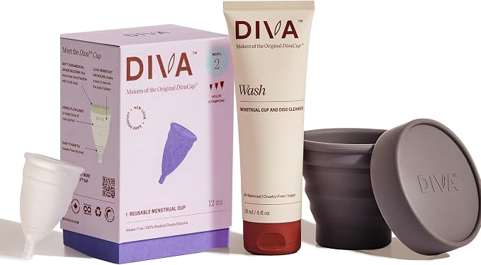 DIVA Cup, DIVA Wash & DIVA Shaker Combo Pack - Medical Grade Silicone Cup for Period Care - Period Cup Wash - Shaker for On-the-Go Cleansing - Cup Model 2 (Wide Vaginal Canals, Post-Partum & Ages 35+)