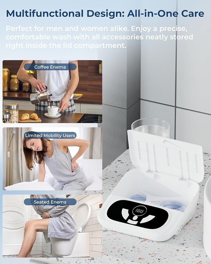 Enemas for Colon Cleanse Men and Women, Comfortable Home Wash Electric Enema Kit with UVc Storage Box, 1-100 Adjustable Pressure for Personal Care, 2 Spray Modes-18 Nozzles, External Water Supply