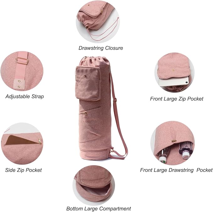 ESVAN Yoga Mat Bag with Multi Pockets Drawstring Yoga Mat Carrier Pilates Exercise Multi-Functional Storage Bag