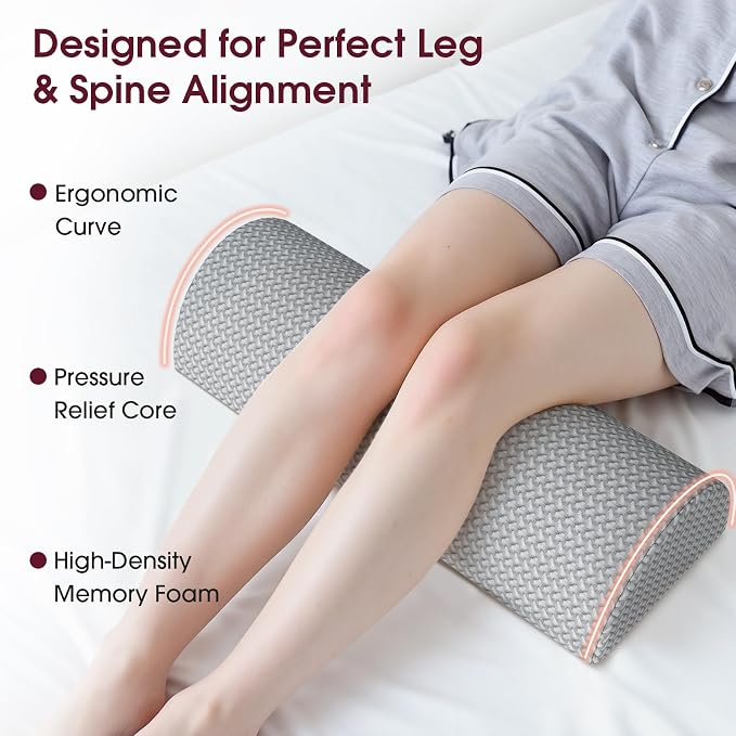 TranquilRelax Knee Pillow for Back Sleeping Memory Foam Half Moon Bolster Pillow for Legs, Under Knee Support, Ankle & Foot Comfort Orthopedic Pillow for Side Sleepers (Grey, 20.4" x 8" x 4.9")