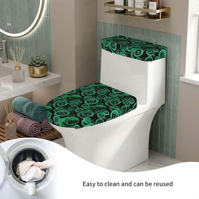 Elastic Edge Toilet Cover SetWatercolor Octopus Green, So ft Stretchy Fabric Universal Fit for Round Oblong Toilets Decor