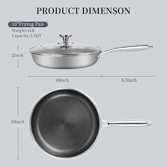 Innerwell Stainless Steel Frying Pan Nonstick Frying Pan with Lid 10 Inch Honeycomb Stainless Steel Skillet Woks Pan for Gas Electric Induction Ceramic Stoves and Oven | Honeycomb Nonstick Coating, PFOA-free & Non-Toxic. Compatible with All Stoves, Eas...