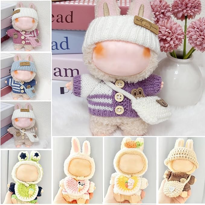 Clothes for 17cm Dolls Accessories Crochet 3 Piece Set Outfits for Doll(Purple Sweater)
