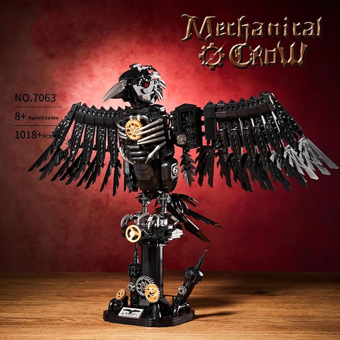 1018PCS Mechanical Crow Building Set, Mechanical Raven Bird，DIY Model Kit with Moving Wings & Rotating Head, Compatible Building Blocks for Adults & Kids 8+