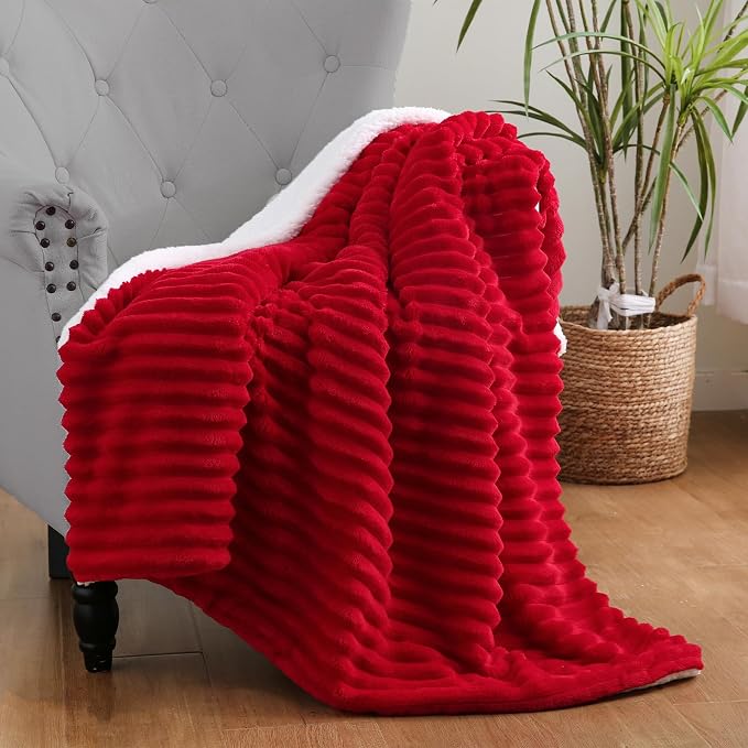 Red Sherpa Fleece Throw Blanket 60”×80”for Couch Sofa Bed | Double Side Soft Fuzzy Cozy Plush Thick Flannel Blanket with Striped Design Gift for Adults,Woman