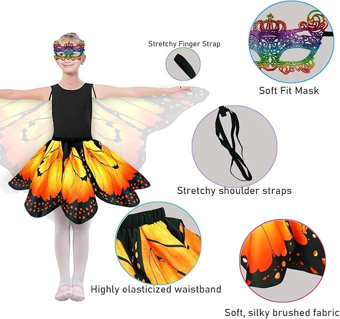 Kids Butterfly Wings Costume for Girls Fairy-Wings Toddler Dress Up Play Costumes Butterfly Skirt Set Mask Party Favors Gifts(Orange+skirt sets)
