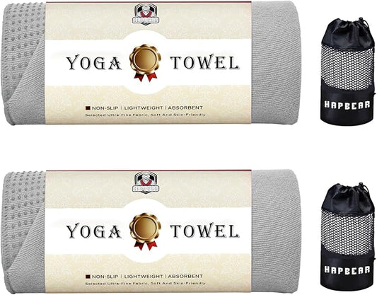 HAPBEAR 2 Pack Hot Yoga Towel with Non-Slip Grip Dots, 72" x 24" - Super Absorbent, Soft Microfiber Yoga Mat Towel for Bikram, Gym, Pilates - Grey